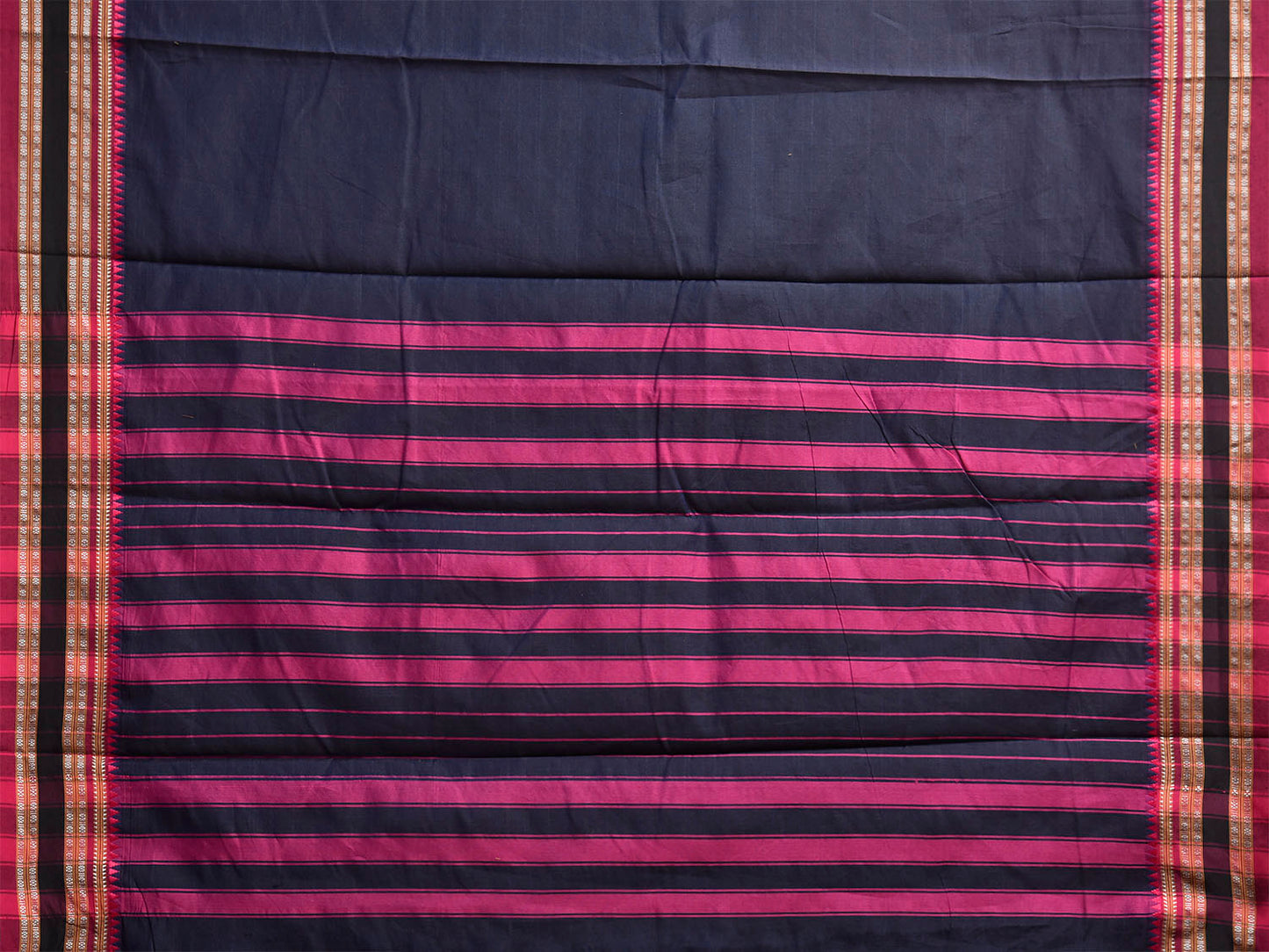 Navy and Pink Bamboo Cotton Plain Saree with Strips Pallu Design No Blouse bc1064
