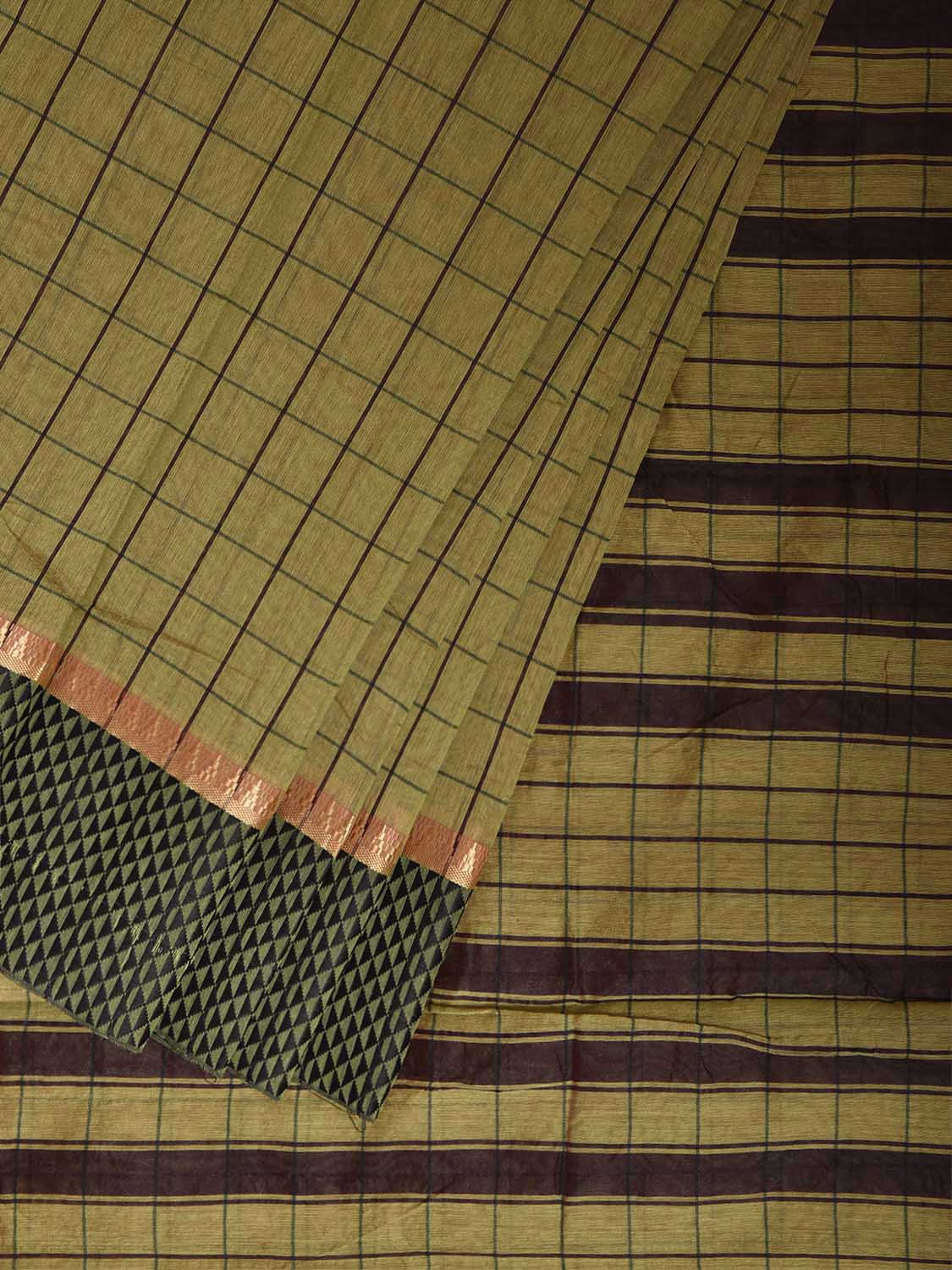 Olive and Brown Bamboo Cotton Saree with Big Checks Design No Blouse bc1065