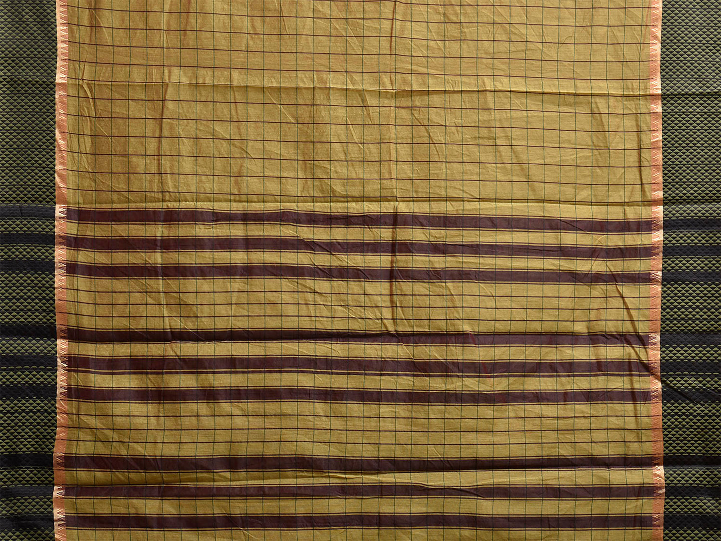 Olive and Brown Bamboo Cotton Saree with Big Checks Design No Blouse bc1065