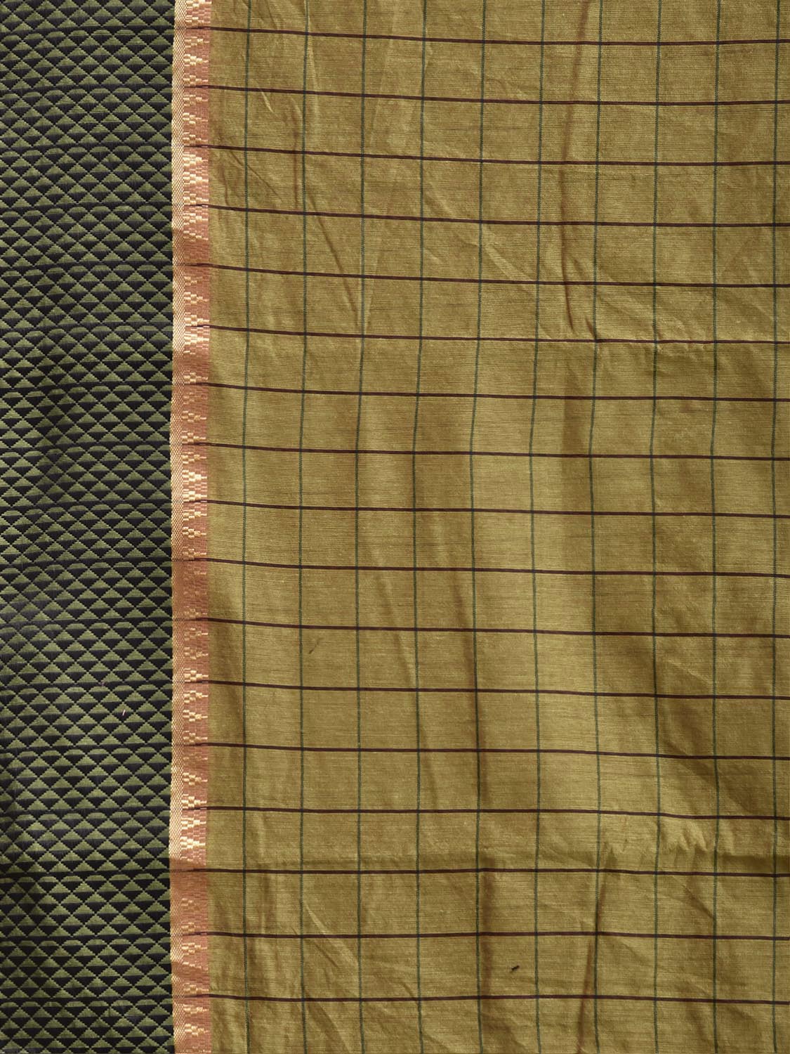 Olive and Brown Bamboo Cotton Saree with Big Checks Design No Blouse bc1065
