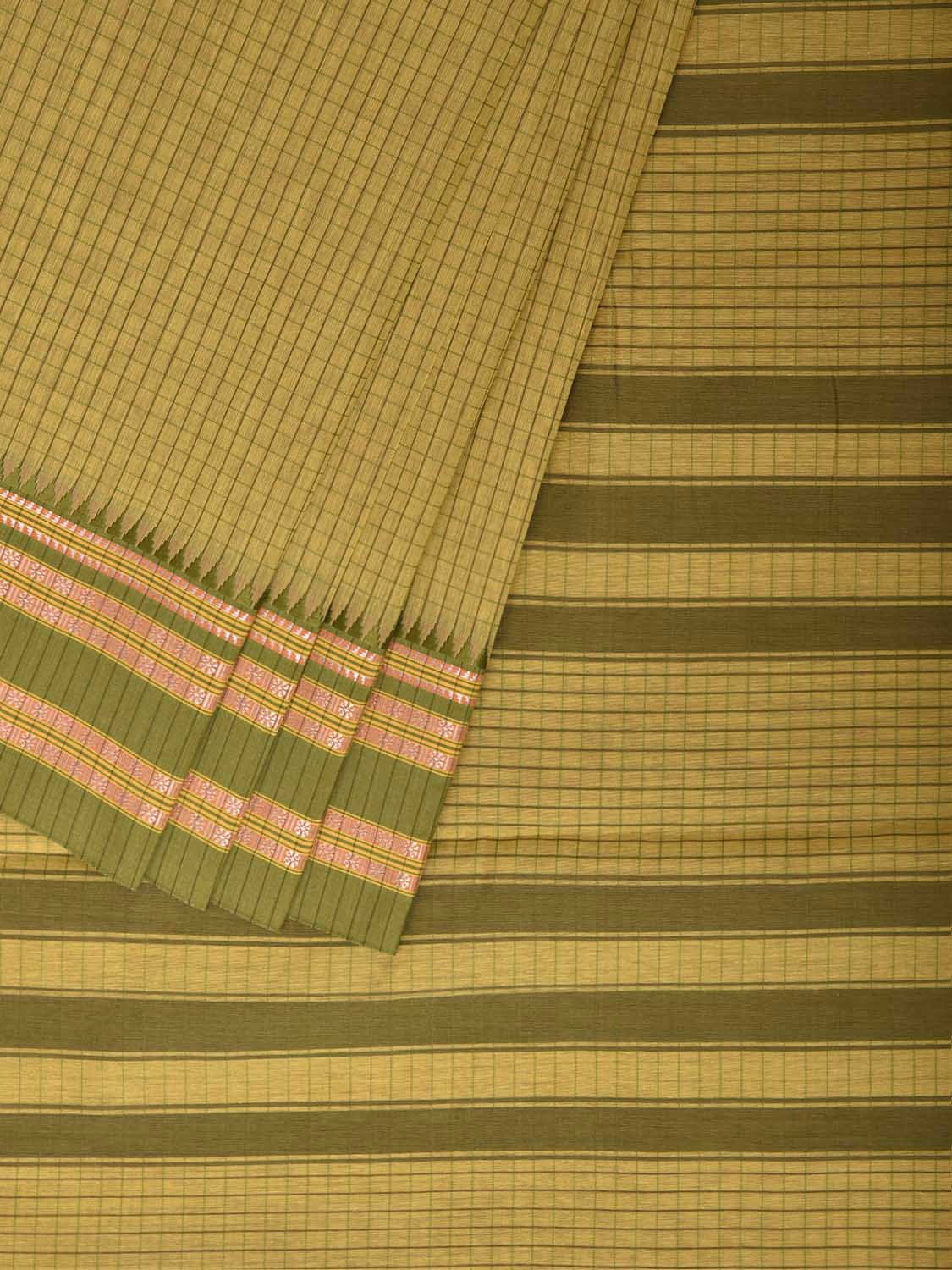 Yellow and Green Bamboo Cotton Saree with Checks Design No Blouse bc1068