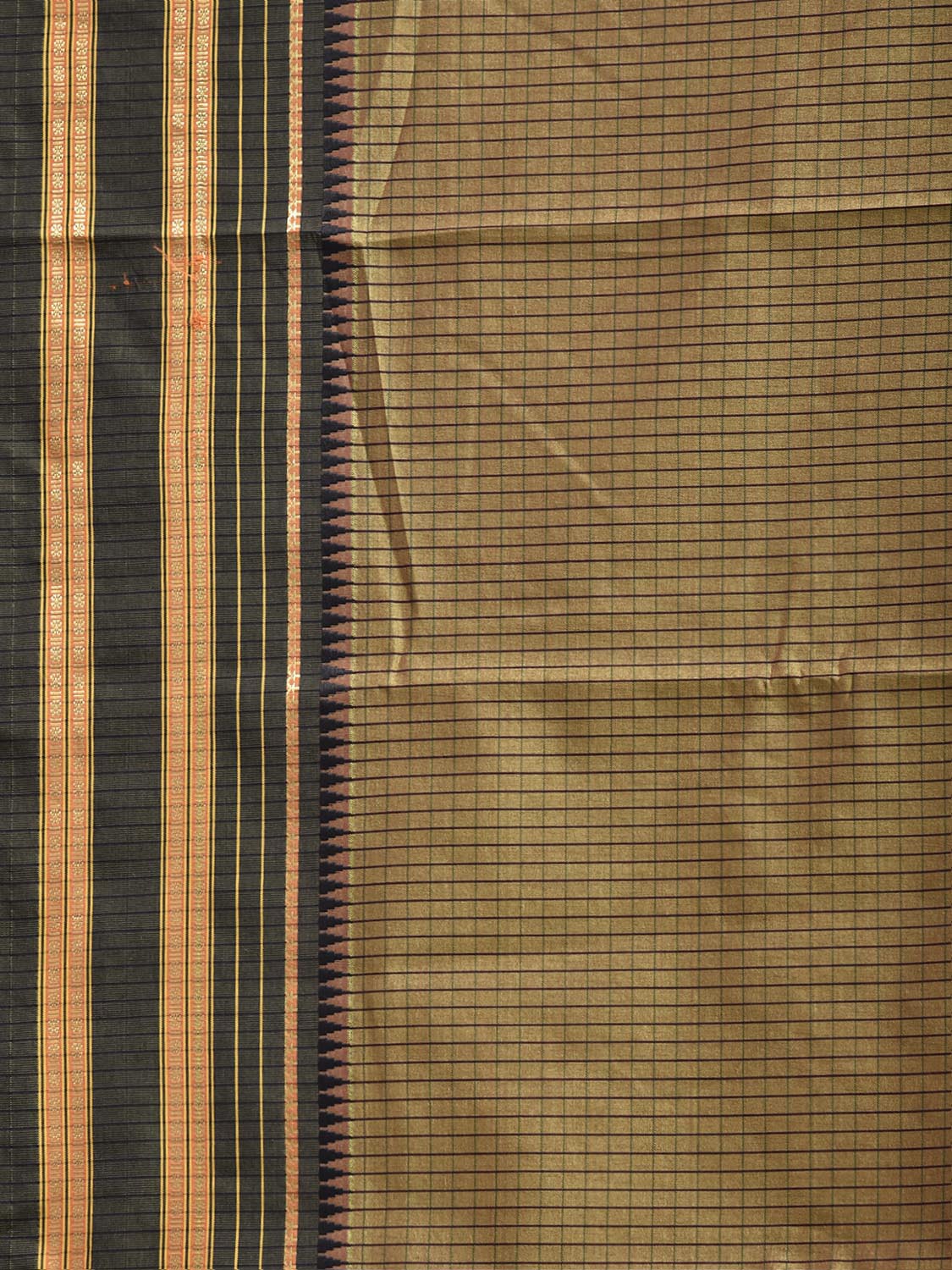 Olive and Brown Bamboo Cotton Viscose Silk Saree with Checks Design No Blouse bc1083