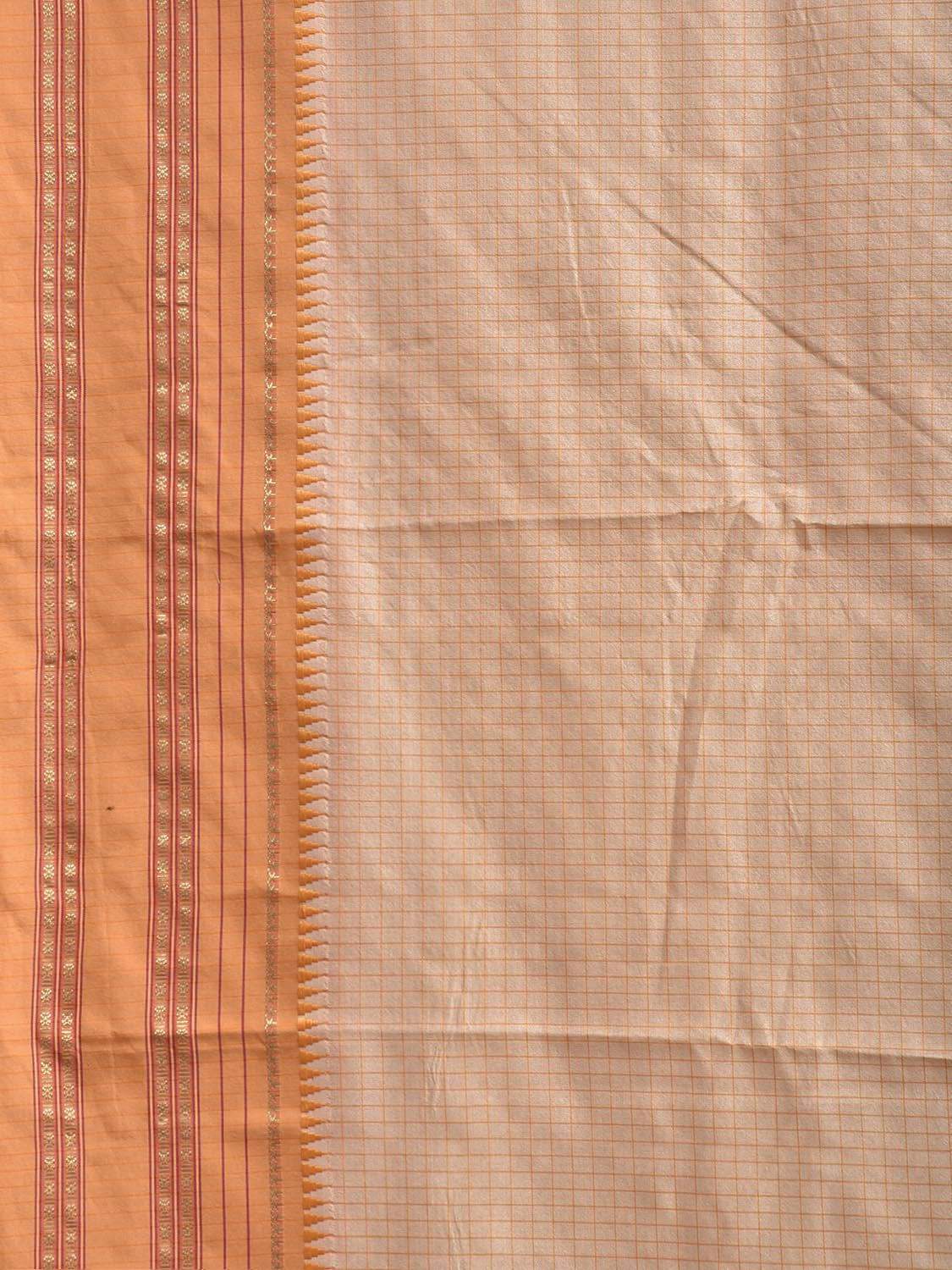 Cream and Light Orange Bamboo Cotton Viscose Silk Saree with Checks Design No Blouse bc1085