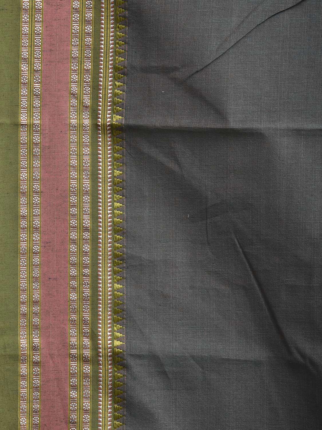 Grey and Olive Bamboo Cotton Plain Saree with Strips Pallu Design No Blouse bc1089