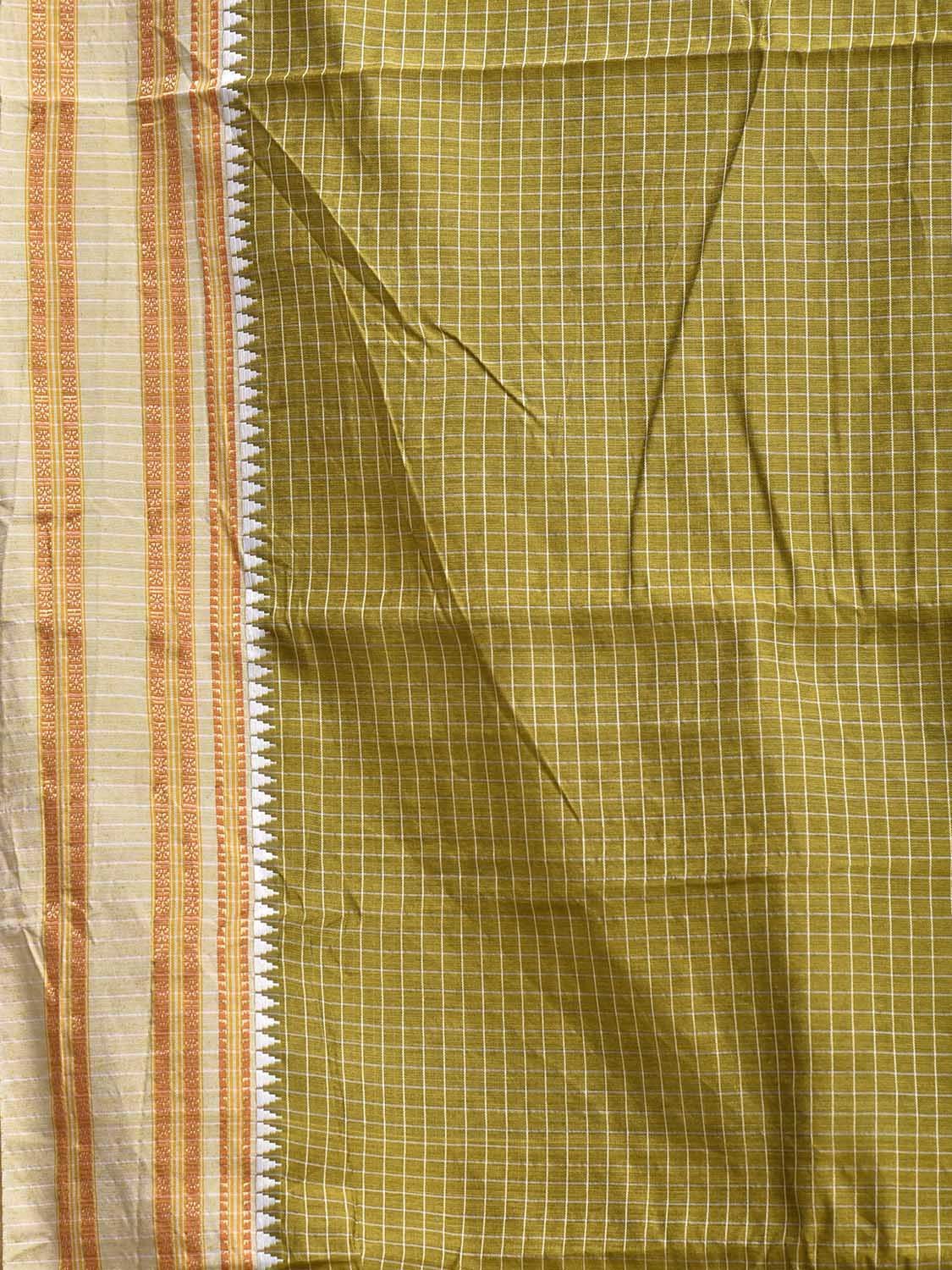 Olive and White Bamboo Cotton Saree with Checks Design No Blouse bc1100