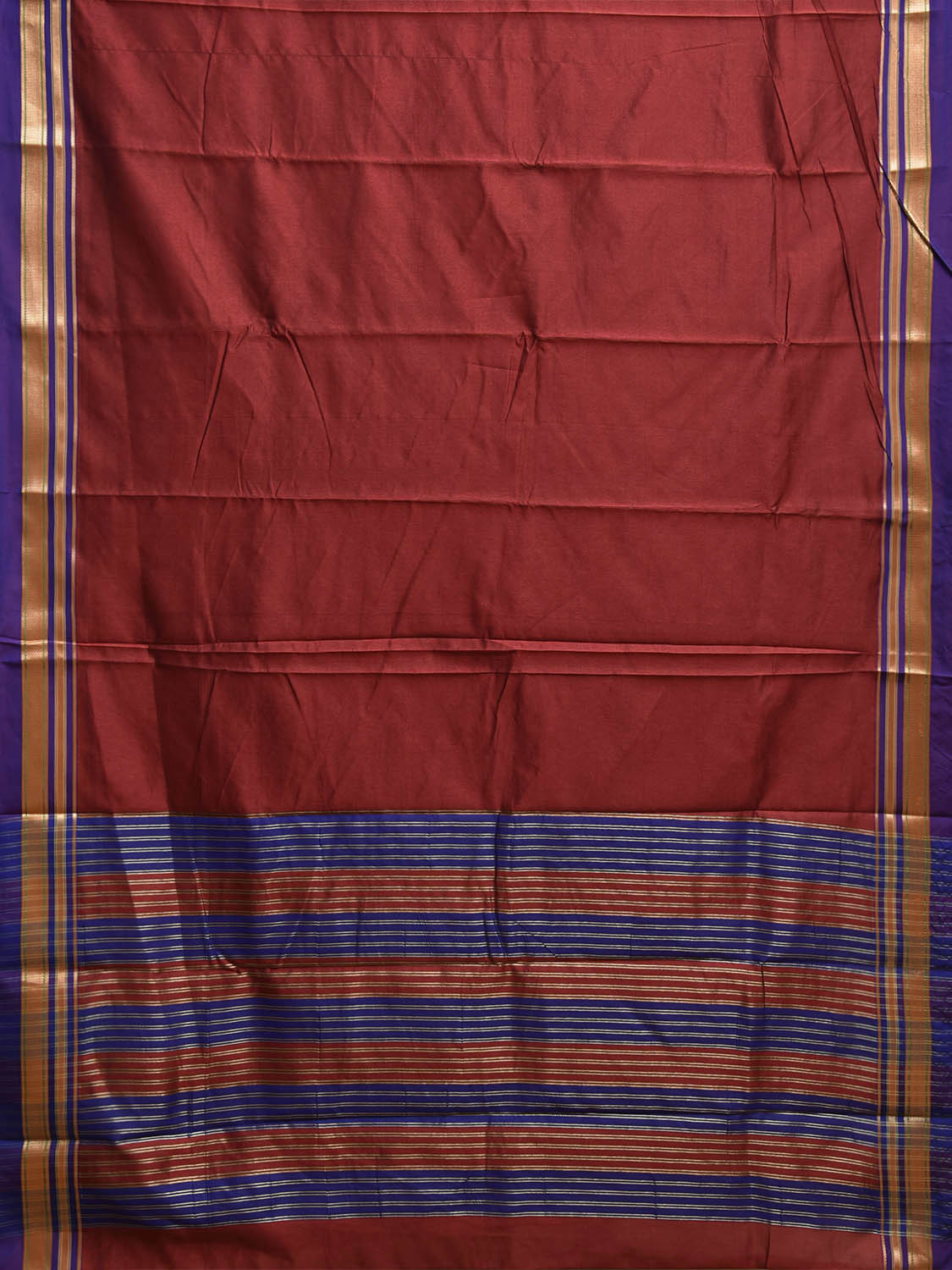 Maroon and Blue Bamboo Cotton Viscose Silk Plain Saree with Strips Pallu Design No Blouse bc0921