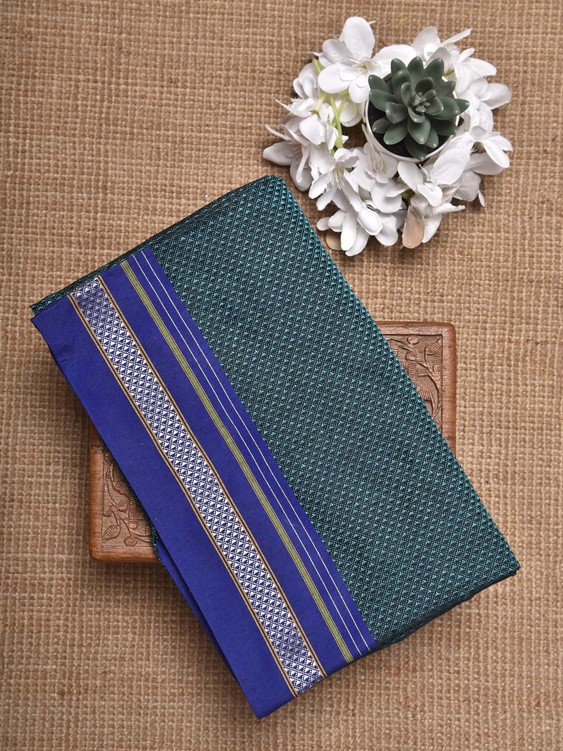 Teal and Blue Jacquard Cotton Viscose Blouse with Border Design 1mt Length 45 Inches Width BL0017
