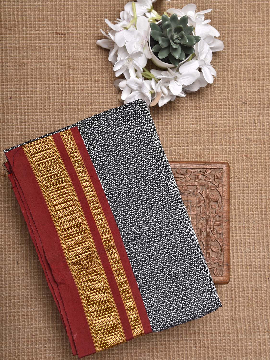 Grey and Red Jacquard Cotton Viscose Blouse with Border Design 1mt Length 45 Inches Width BL0018