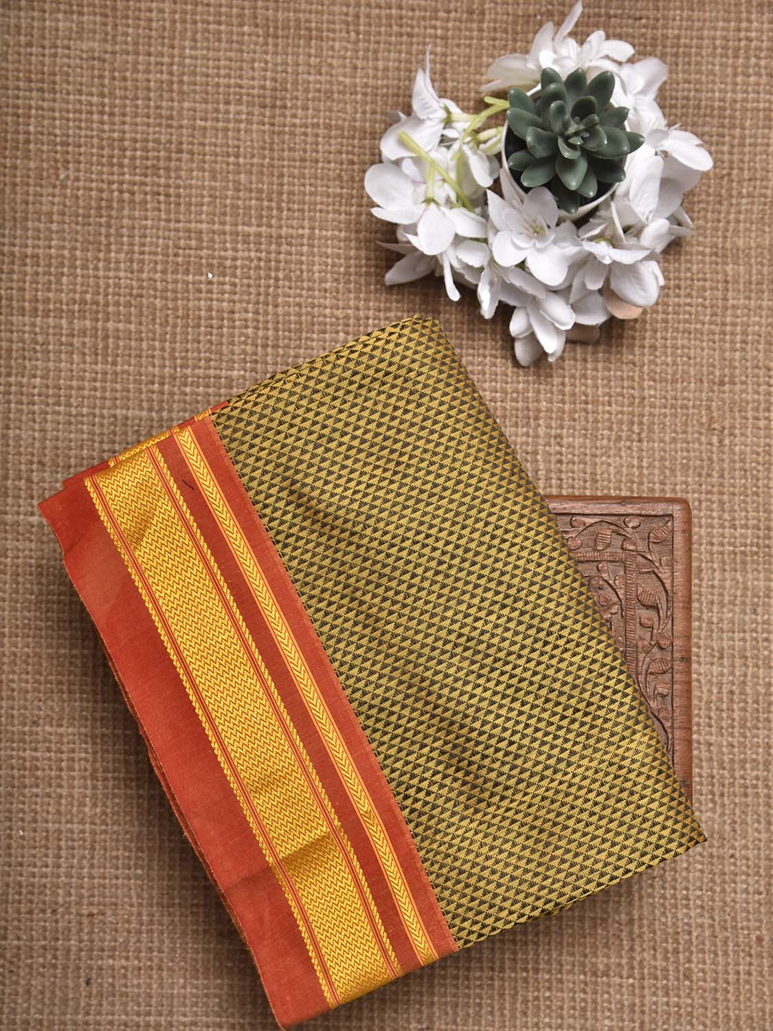 Yellow and Orange Jacquard Cotton Viscose Blouse with Border Design 1mt Length 45 Inches Width BL0023