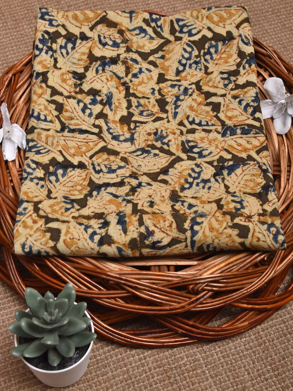 Olive and Yellow Kalamkari Block Print Cotton Blouse with Leaves Design 1.2mt Length 35 Inches Width BL0041