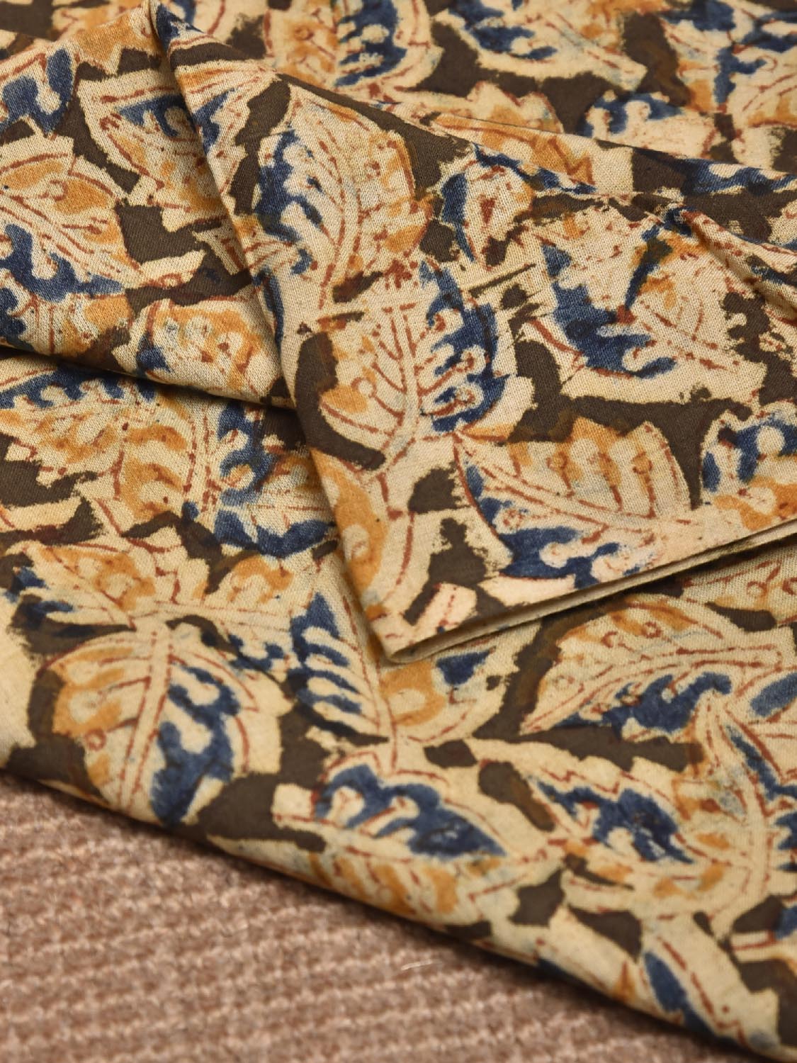 Olive and Yellow Kalamkari Block Print Cotton Blouse with Leaves Design 1.2mt Length 35 Inches Width BL0041