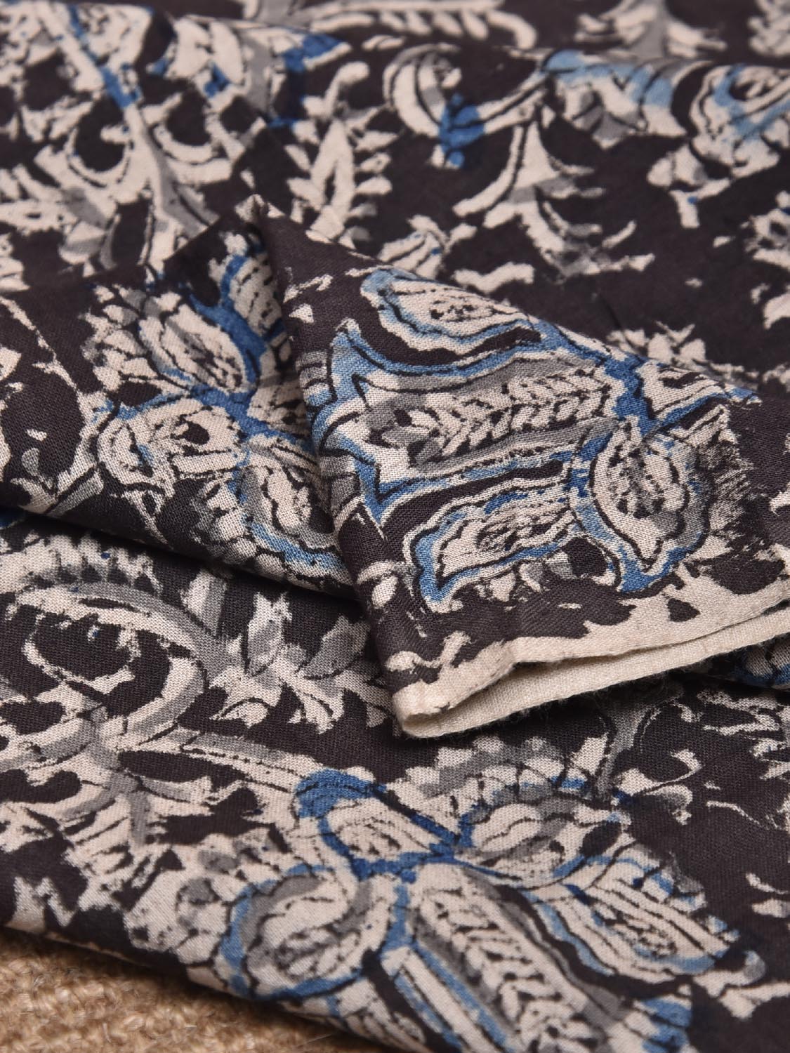 Black and Blue Kalamkari Block Print Cotton Blouse with Floral Design 1.2mt Length 35 Inches Width BL0046