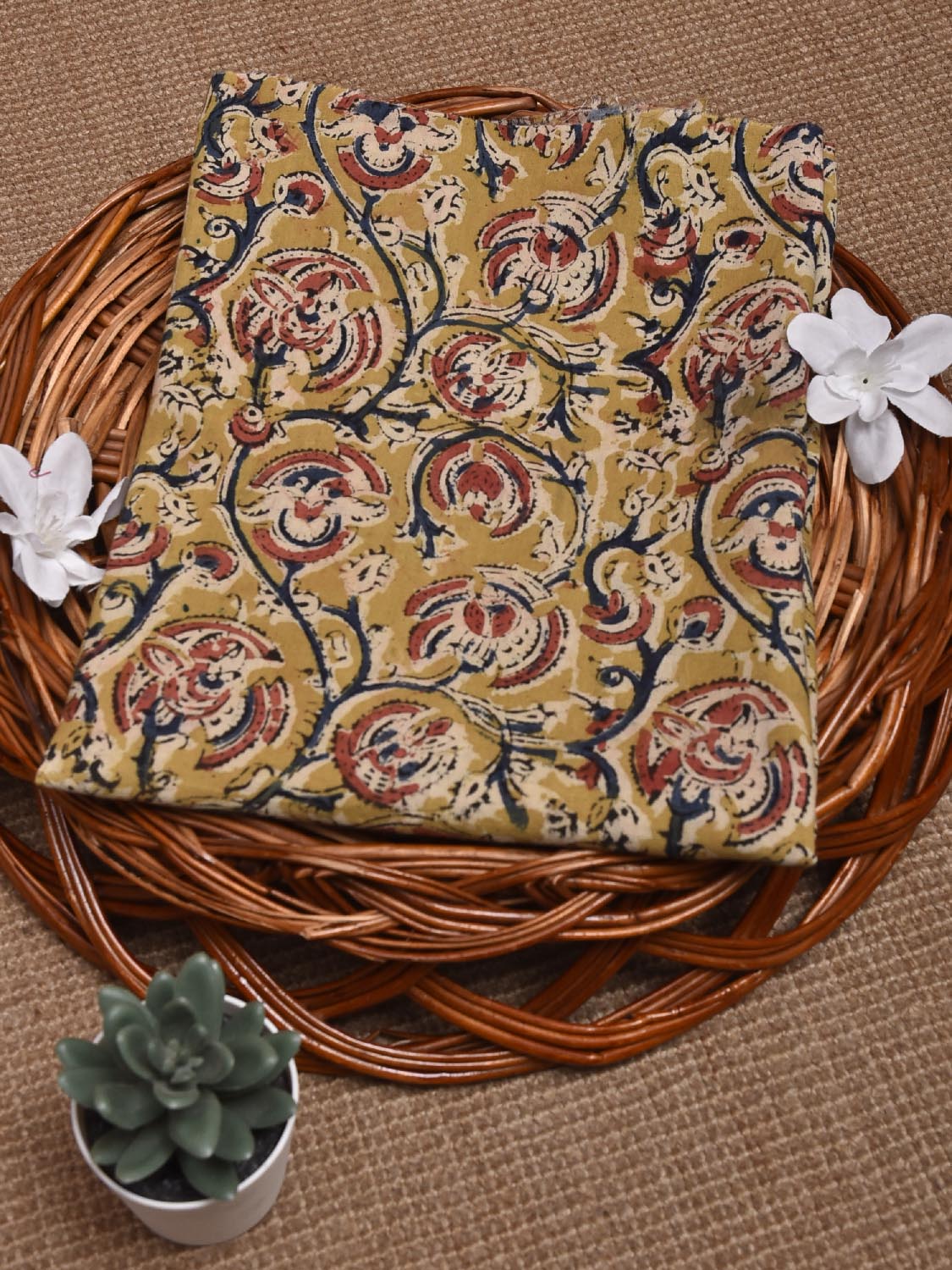 Mustard and Red Kalamkari Block Print Cotton Blouse with Floral Design 1.2mt Length 35 Inches Width BL0049