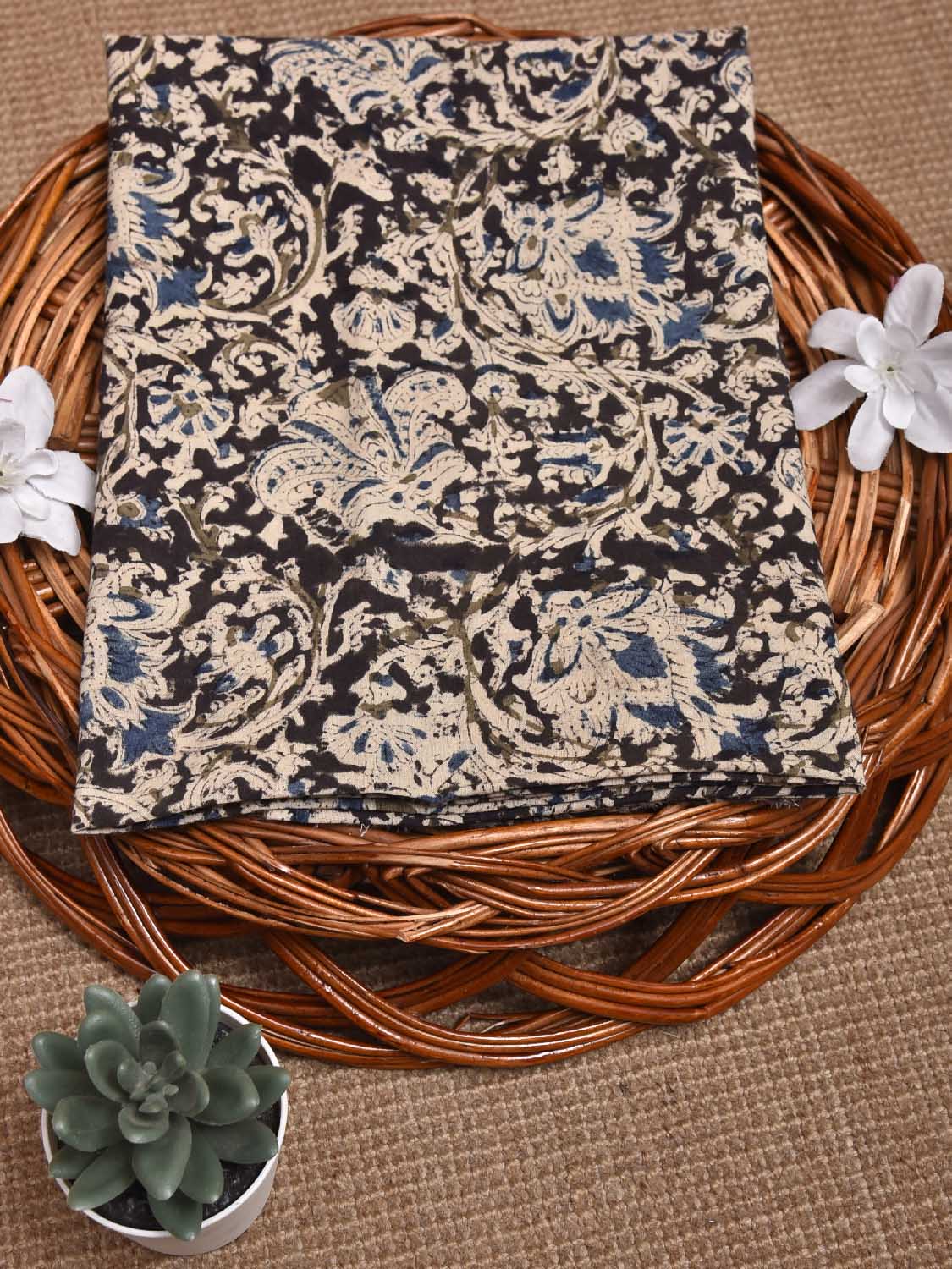 Black and Blue Kalamkari Block Print Cotton Blouse with Floral Design 1.2mt Length 35 Inches Width BL0051