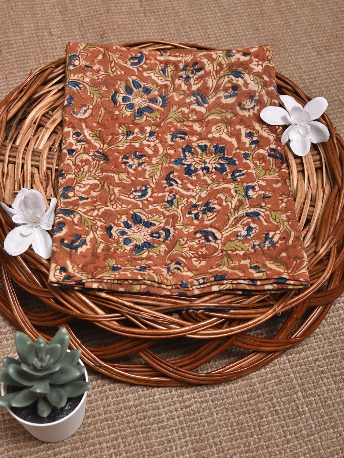 Red and Blue Kalamkari Block Print Cotton Blouse with Floral Design 1.2mt Length 35 Inches Width BL0060