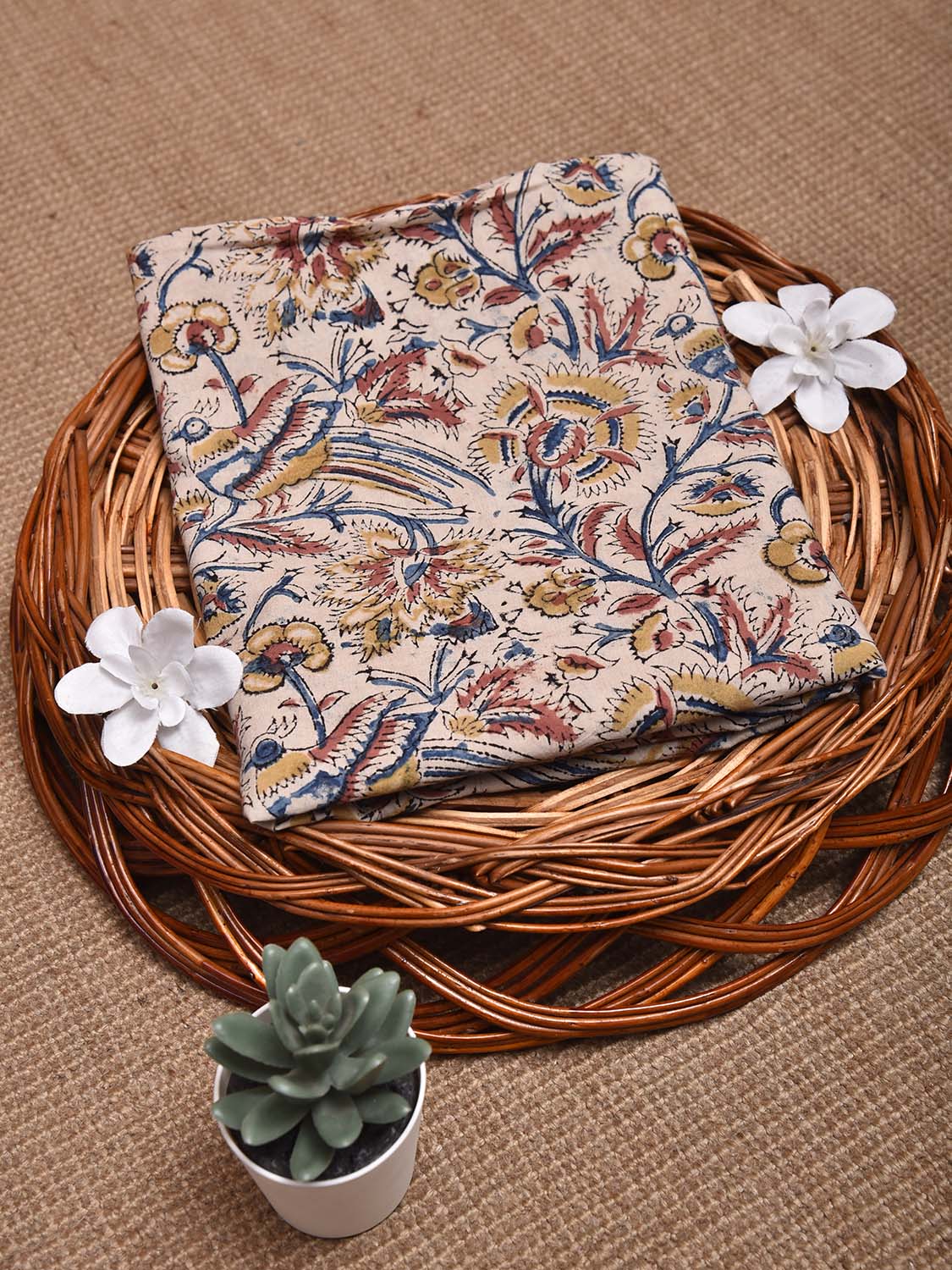 Cream Kalamkari Block Print Cotton Blouse with Flowers and Birds Design 1.2mt Length 35 Inches Width BL0061