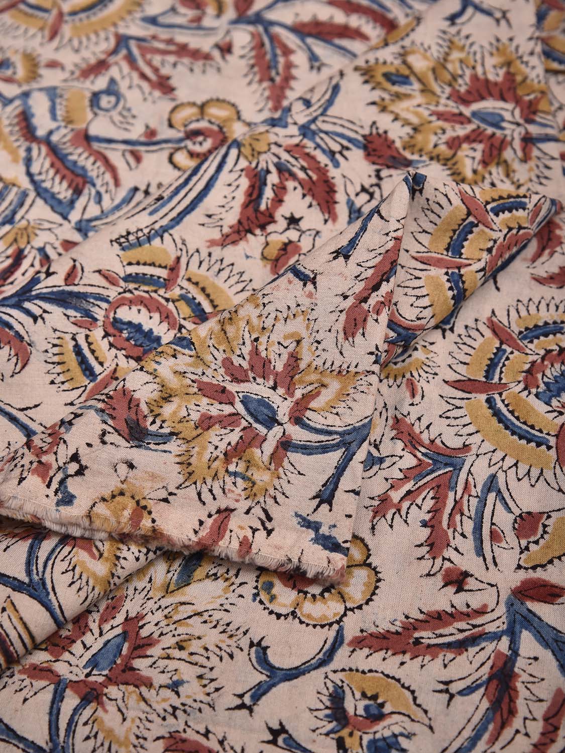 Cream Kalamkari Block Print Cotton Blouse with Flowers and Birds Design 1.2mt Length 35 Inches Width BL0061