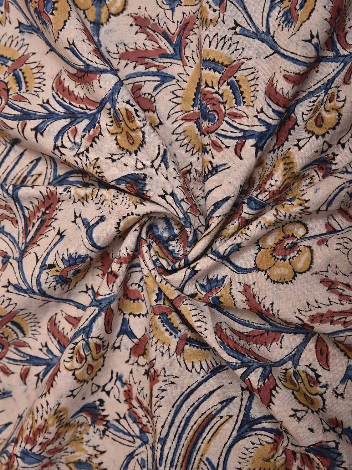 Cream Kalamkari Block Print Cotton Blouse with Flowers and Birds Design 1.2mt Length 35 Inches Width BL0061