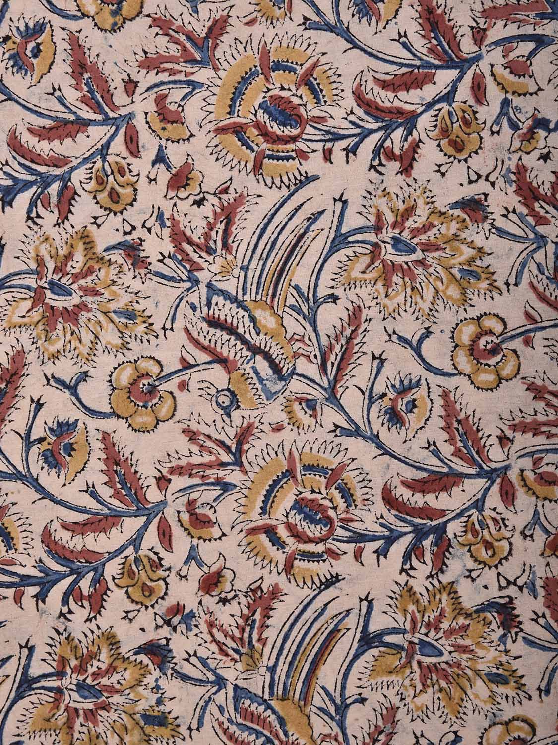 Cream Kalamkari Block Print Cotton Blouse with Flowers and Birds Design 1.2mt Length 35 Inches Width BL0061