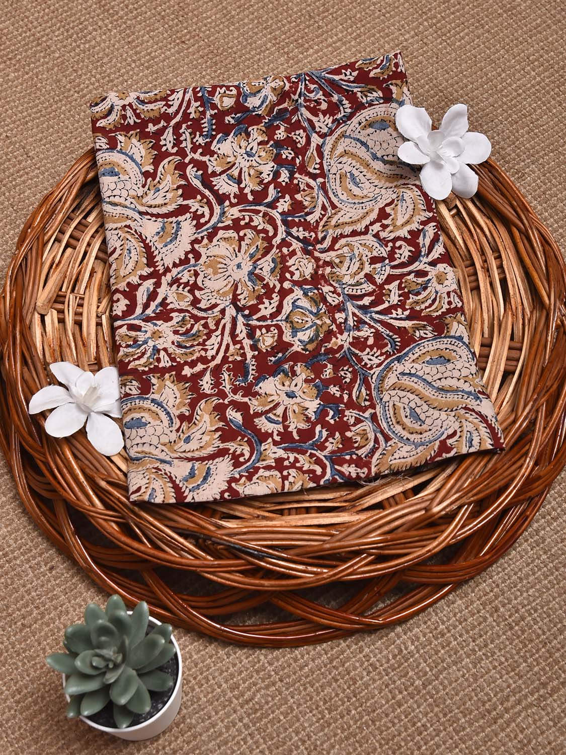 Dark Red and Cream Kalamkari Block Print Cotton Blouse with Floral Design 1.2mt Length 35 Inches Width BL0067