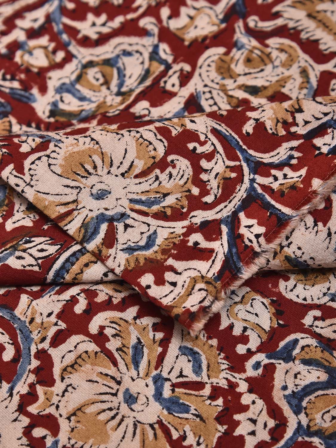 Dark Red and Cream Kalamkari Block Print Cotton Blouse with Floral Design 1.2mt Length 35 Inches Width BL0067