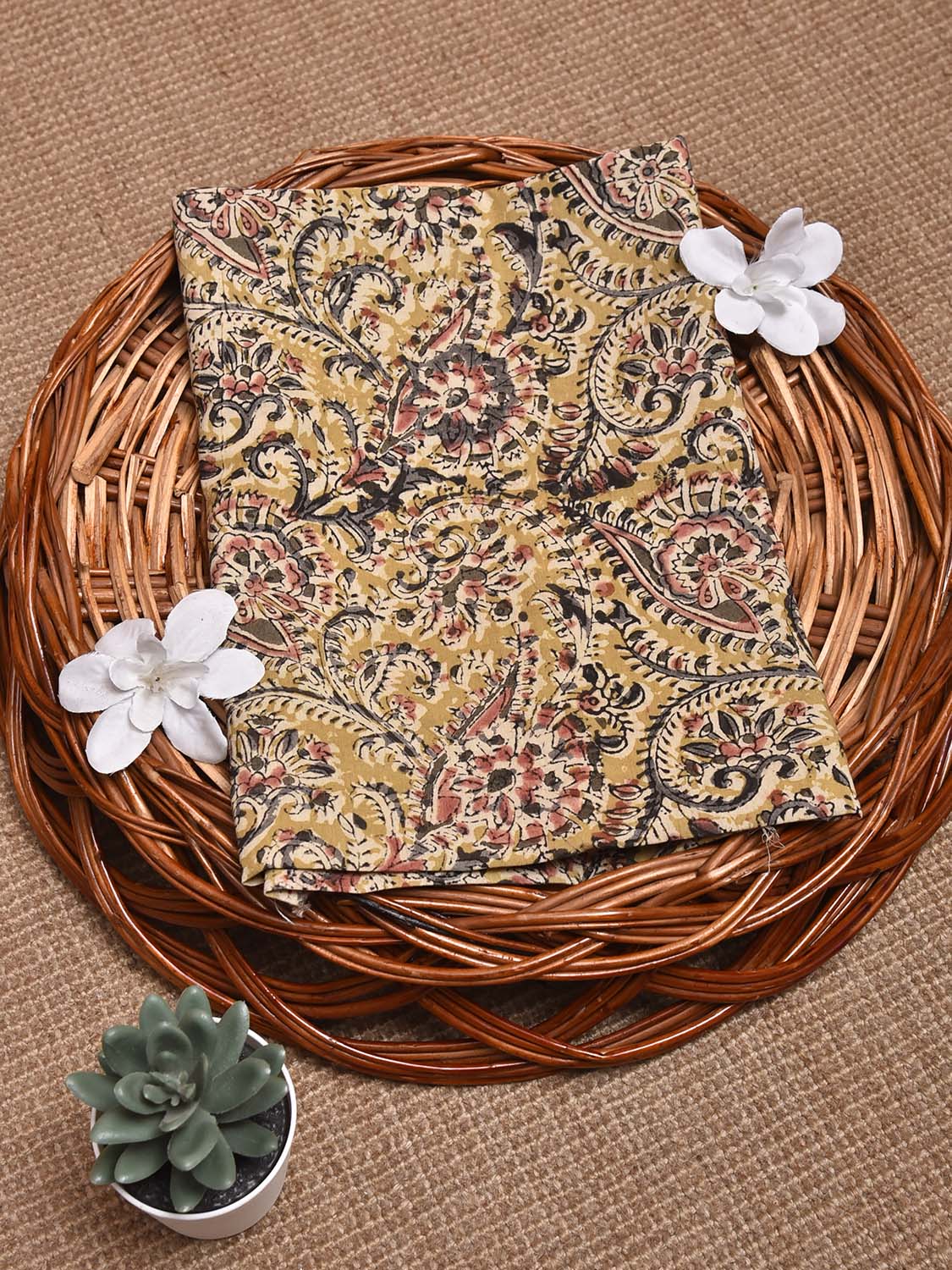 Mustard Kalamkari Block Print Cotton Blouse with Floral Design 1.2mt Length 35 Inches Width BL0070