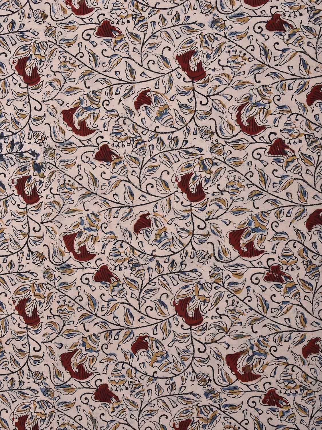 Cream and Red Kalamkari Block Print Cotton Blouse with Flowers and Leaves Design 1.2mt Length 35 Inches Width BL0071