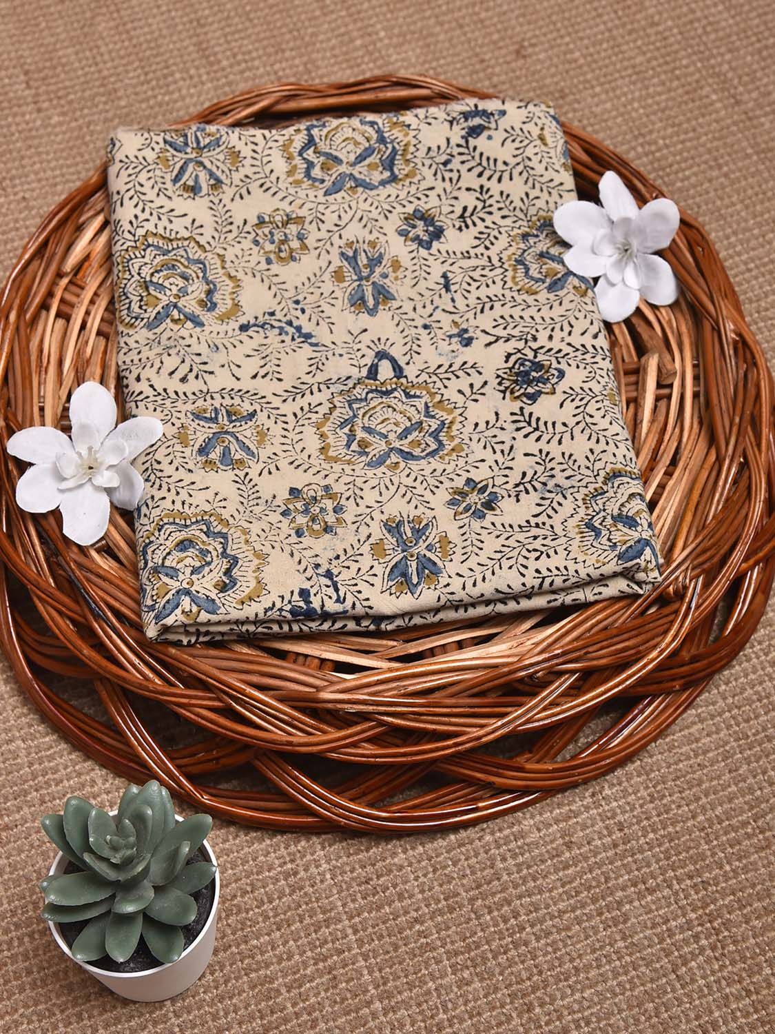 Cream Kalamkari Block Print Cotton Blouse with Floral Design 1.2mt Length 35 Inches Width BL0073