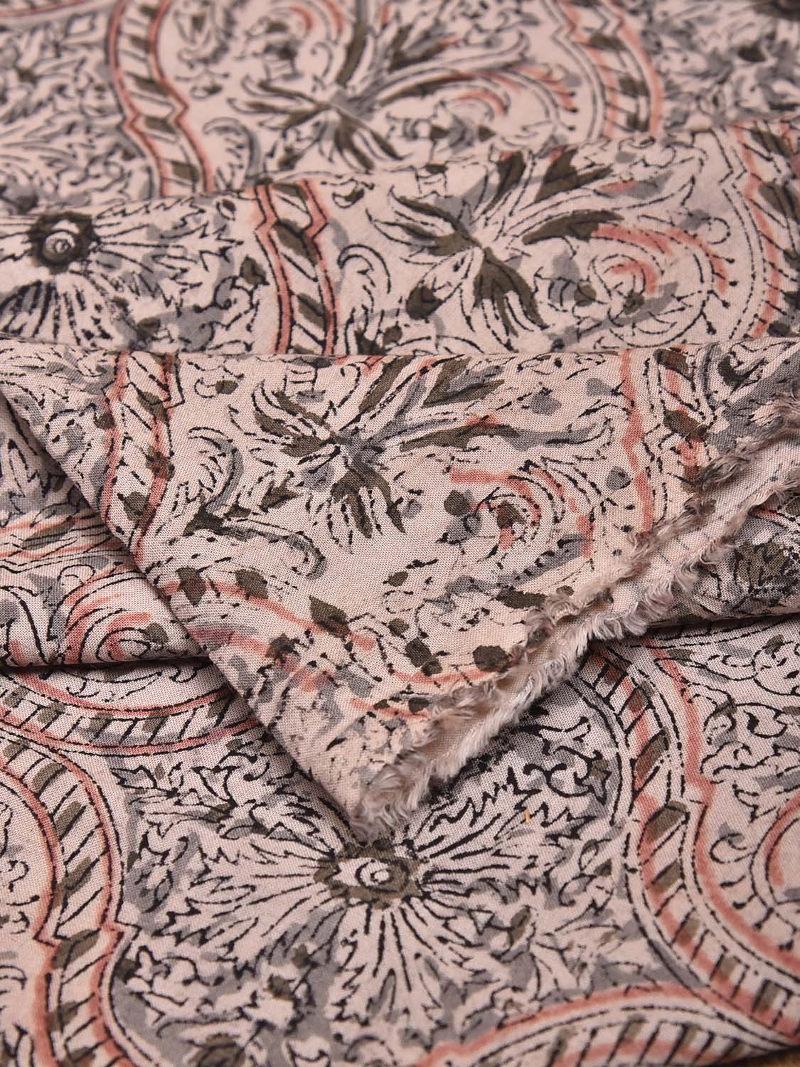 Cream and Light Grey Kalamkari Block Print Cotton Blouse with Floral and Grill Design 1.2mt Length 35 Inches Width BL0074