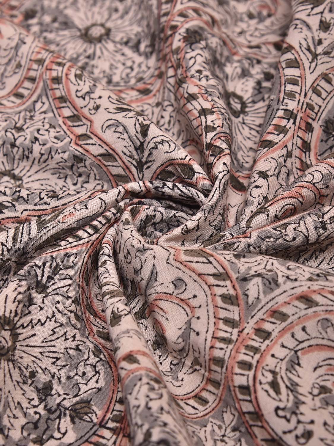 Cream and Light Grey Kalamkari Block Print Cotton Blouse with Floral and Grill Design 1.2mt Length 35 Inches Width BL0074