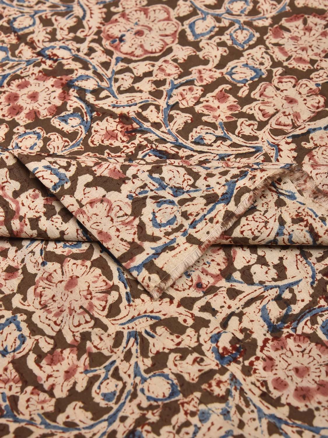 Olive and Light Red Kalamkari Block Print Cotton Blouse with Floral Design 1.2mt Length 35 Inches Width BL0075