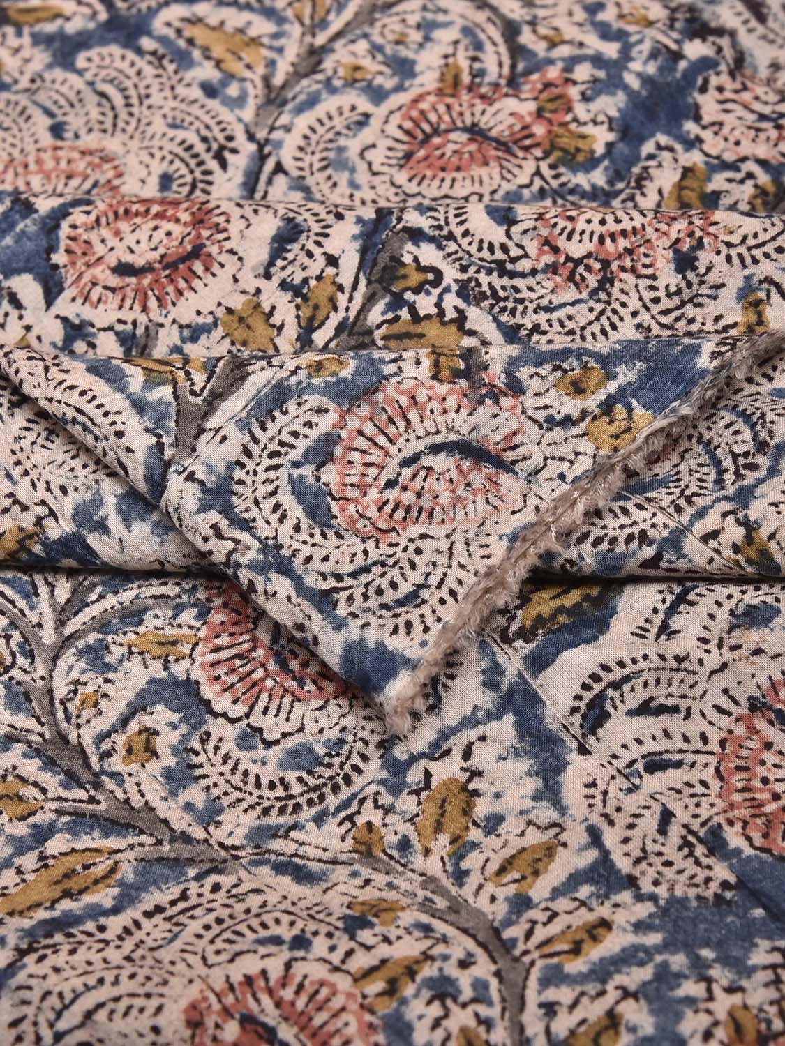 Blue Kalamkari Block Print Cotton Blouse with Floral Design 1.2mt Length 35 Inches Width BL0076