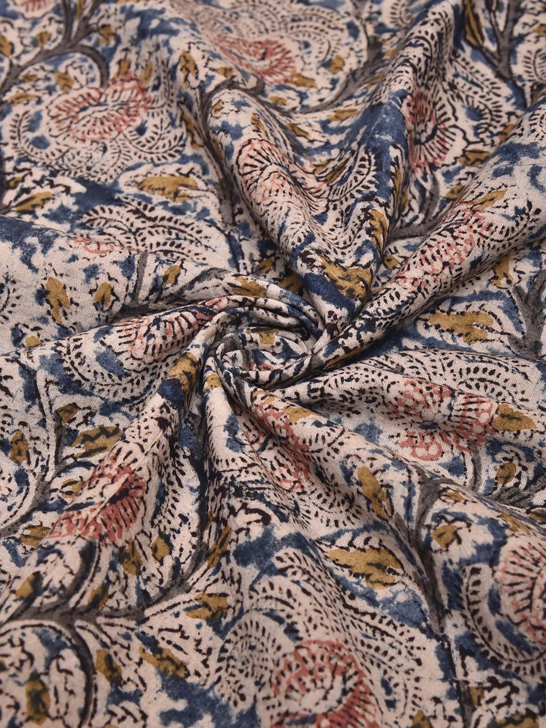 Blue Kalamkari Block Print Cotton Blouse with Floral Design 1.2mt Length 35 Inches Width BL0076