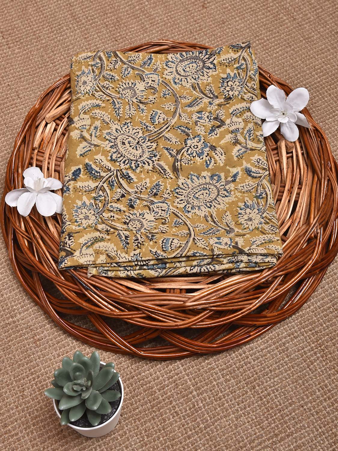 Mustard Kalamkari Block Print Cotton Blouse with Floral Design 1.2mt Length 35 Inches Width BL0077