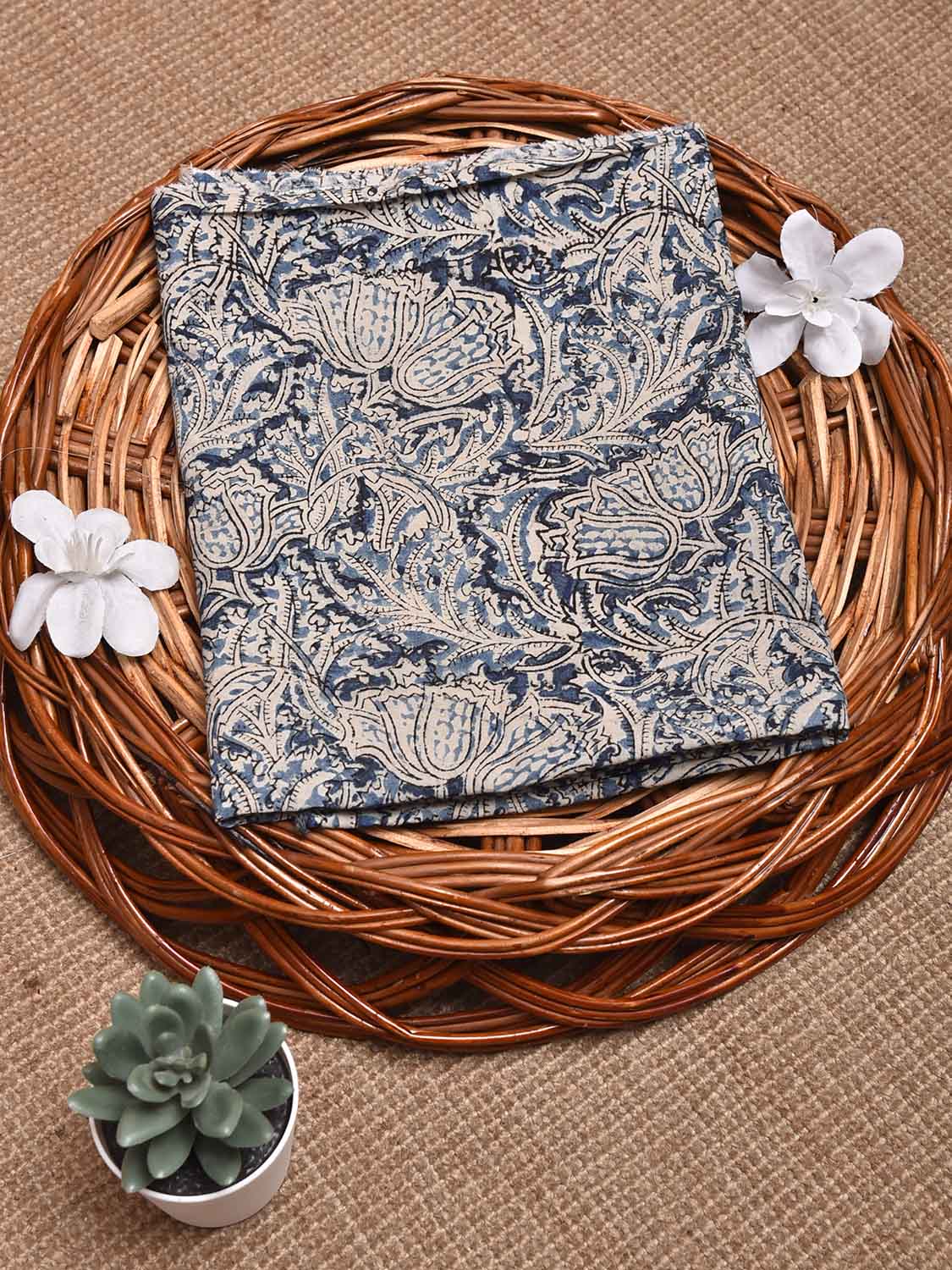Blue Kalamkari Block Print Cotton Blouse with Bell Flowers Design 1.2mt Length 35 Inches Width BL0078