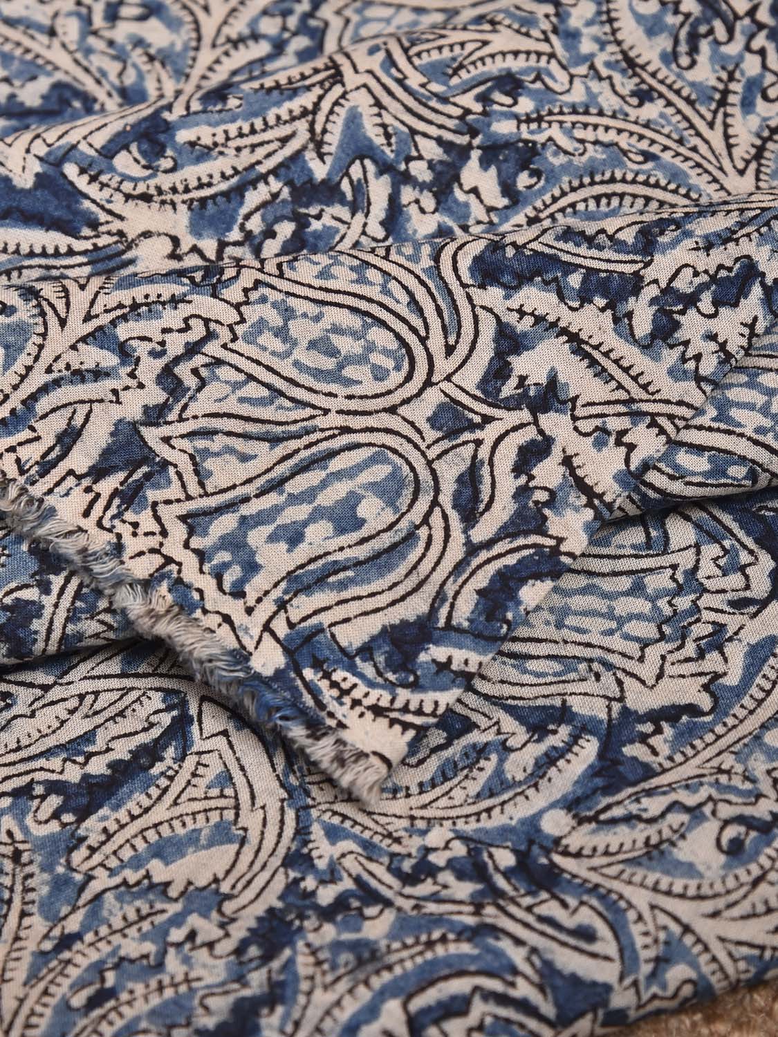 Blue Kalamkari Block Print Cotton Blouse with Bell Flowers Design 1.2mt Length 35 Inches Width BL0078