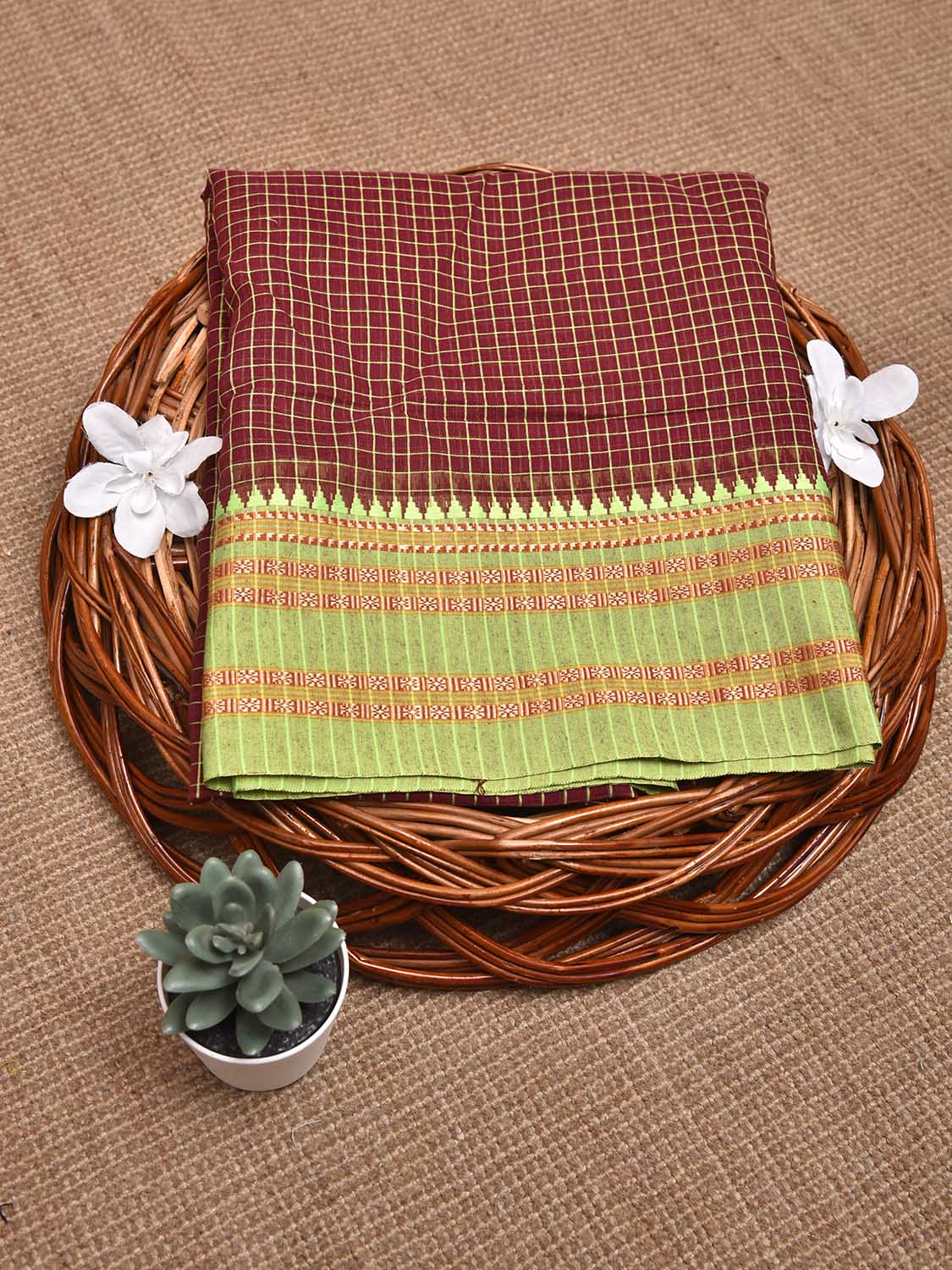 Maroon and Light Green Bamboo Cotton Blouse with Checks Design Length 80cm Width 44 Inches BL0079