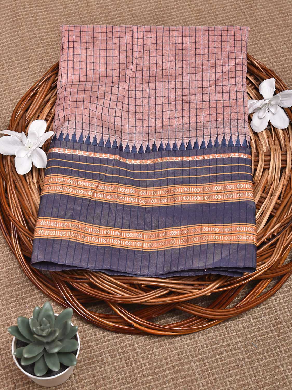 Peach and Dark Blue Bamboo Cotton Blouse with Checks Design Length 80cm Width 44 Inches BL0088
