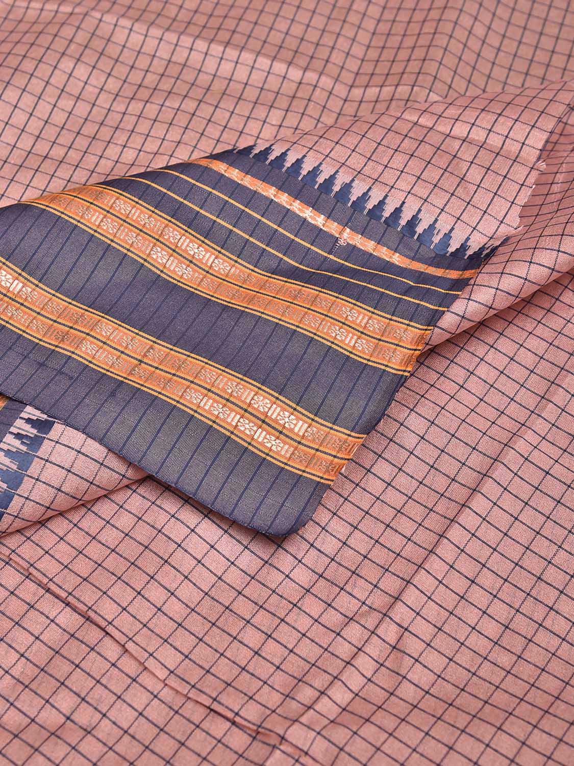 Peach and Dark Blue Bamboo Cotton Blouse with Checks Design Length 80cm Width 44 Inches BL0088