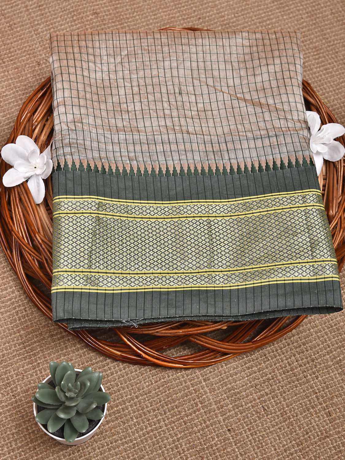 Cream and Green Bamboo Cotton Blouse with Checks Design Length 80cm Width 44 Inches BL0089