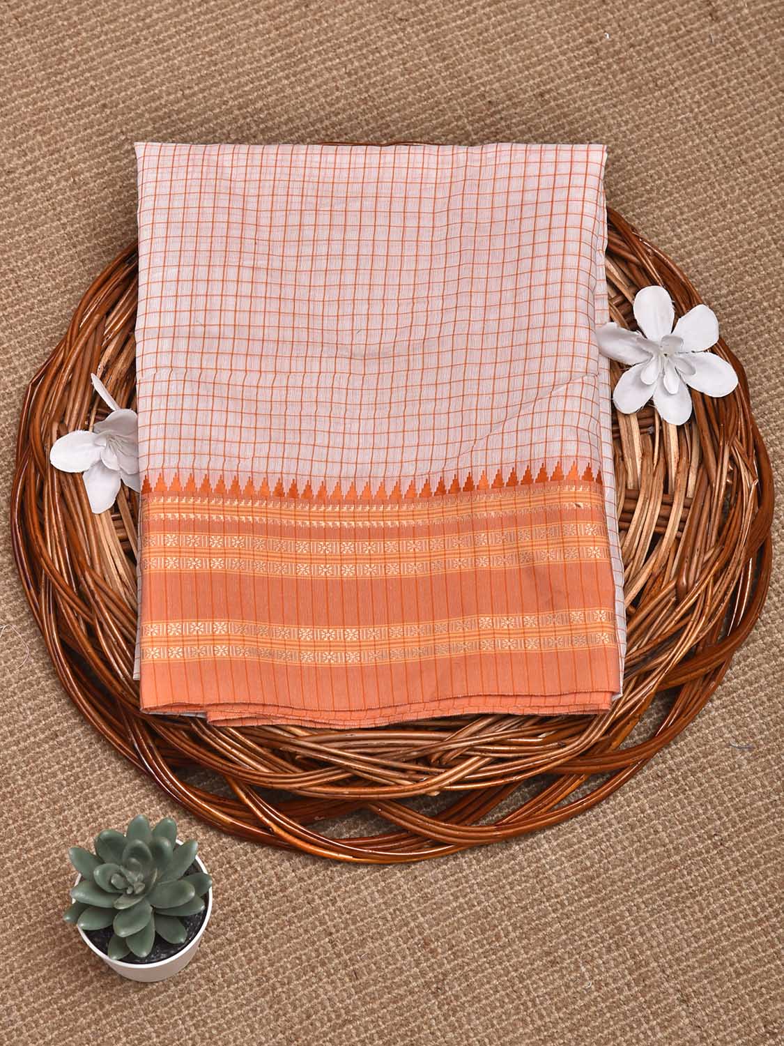 White and Orange Bamboo Cotton Blouse with Checks Design Length 80cm Width 44 Inches BL0091