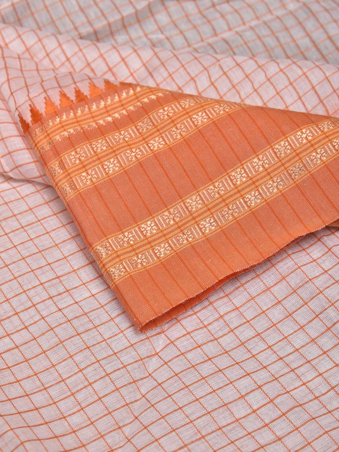 White and Orange Bamboo Cotton Blouse with Checks Design Length 80cm Width 44 Inches BL0091