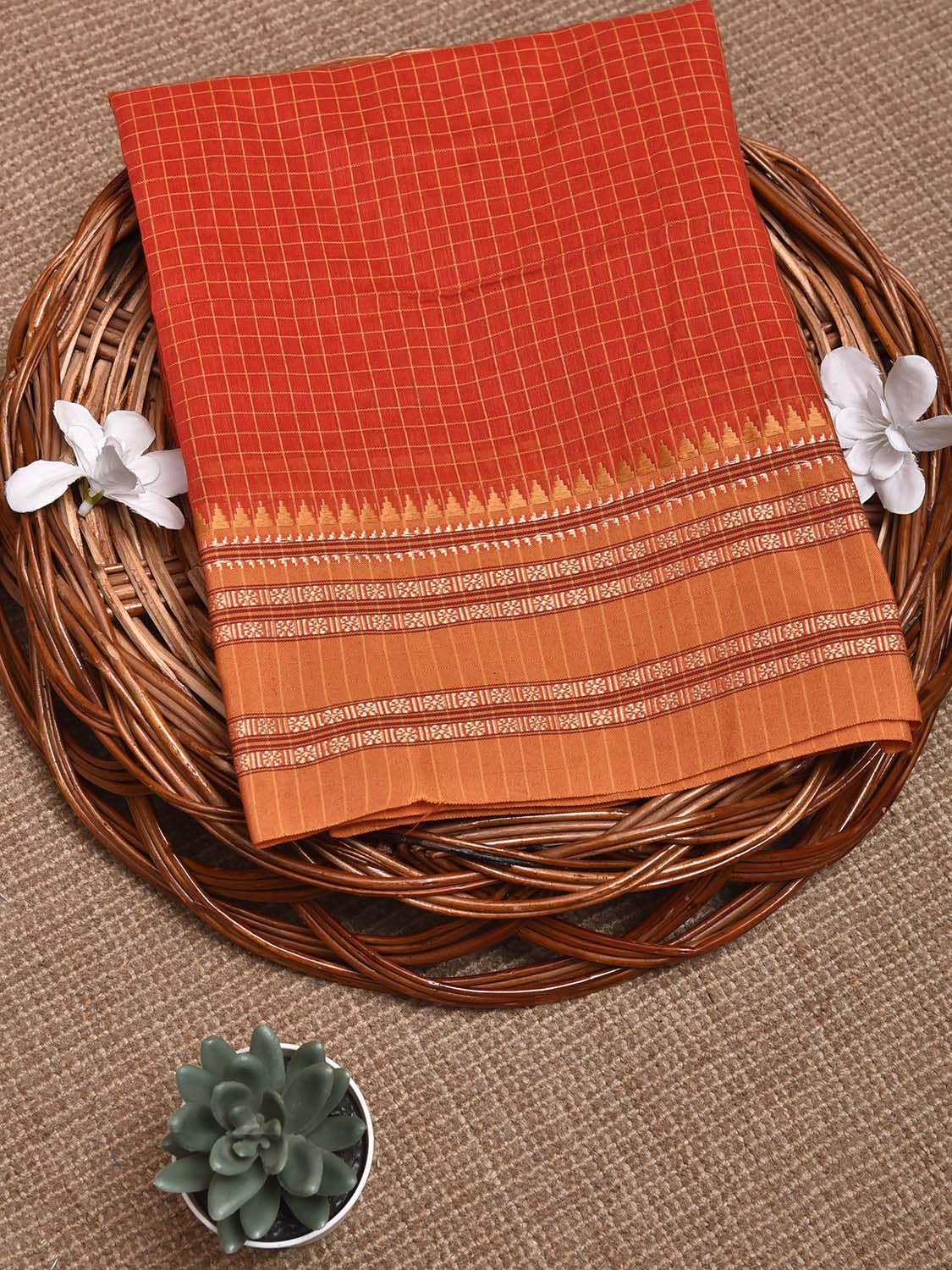 Red and Orange Bamboo Cotton Blouse with Checks Design Length 76cm Width 44 Inches BL0094