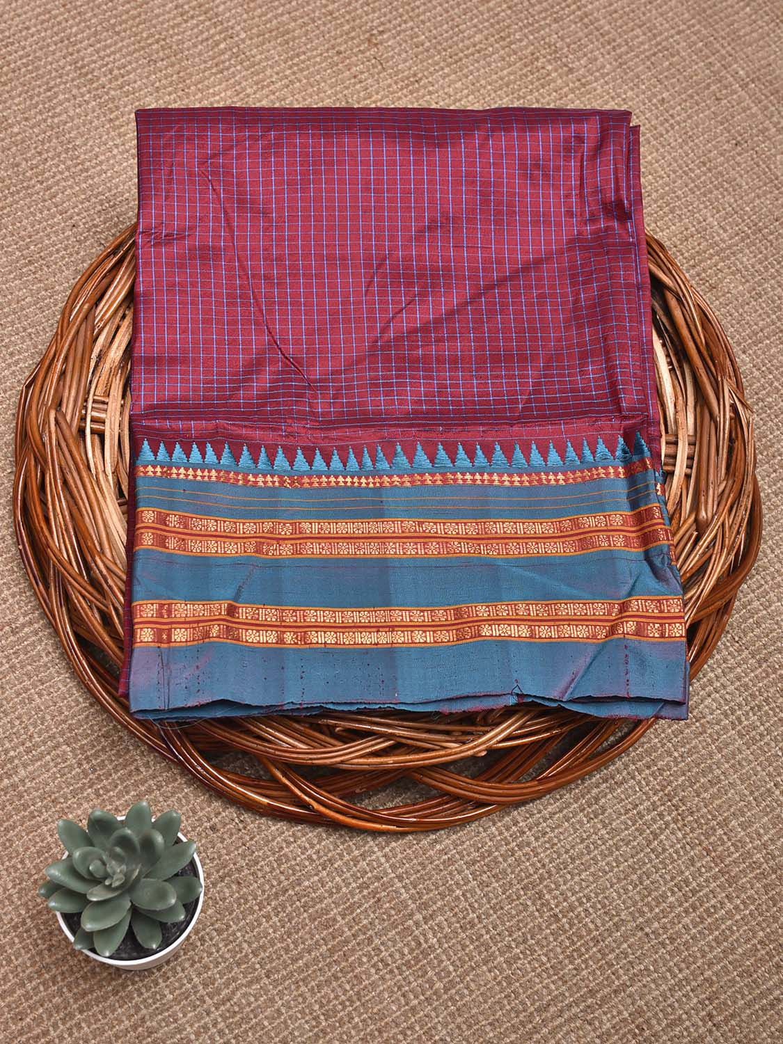 Maroon and Light Blue Narayanpet Silk Blouse with Checks Design Length 80cm Width 46 Inches BL0116