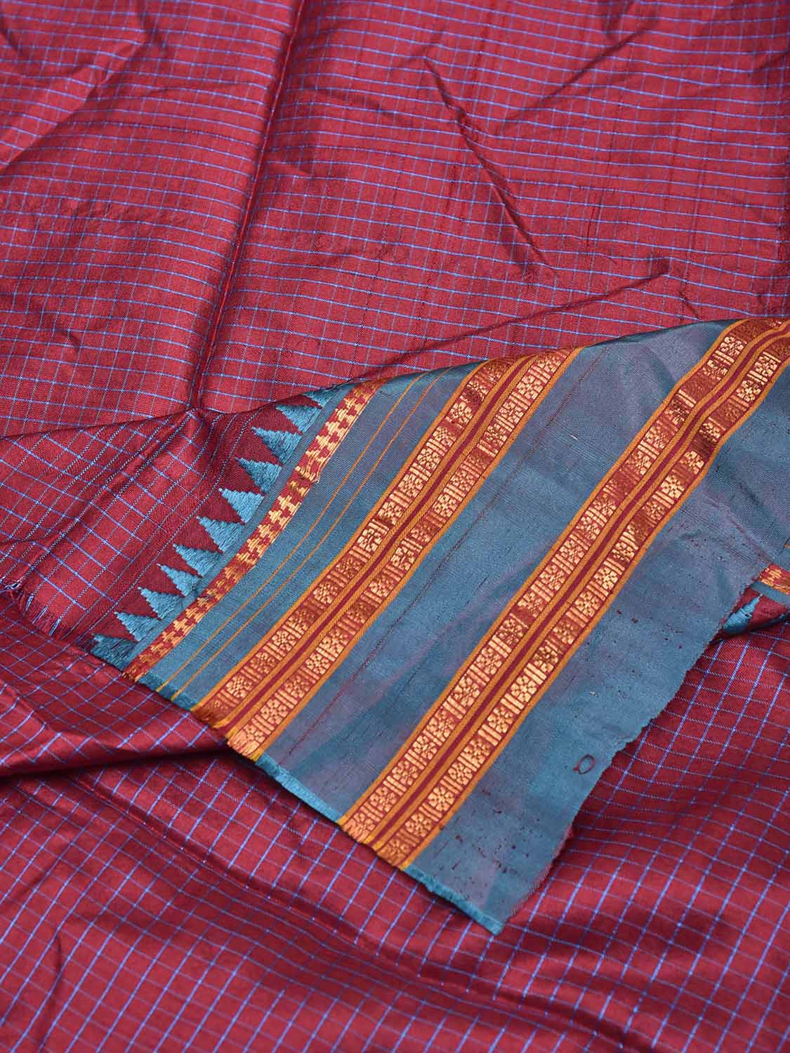 Maroon and Light Blue Narayanpet Silk Blouse with Checks Design Length 80cm Width 46 Inches BL0116