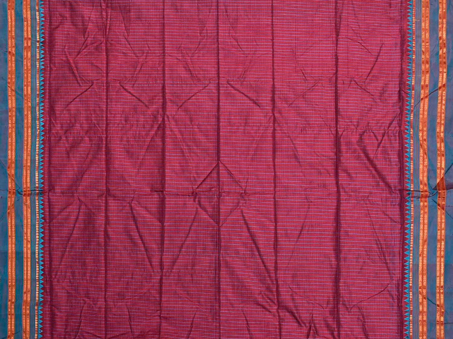Maroon and Light Blue Narayanpet Silk Blouse with Checks Design Length 80cm Width 46 Inches BL0116
