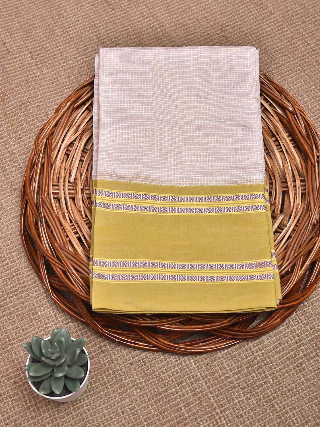 Cream and Olive Bamboo Cotton Blouse with Small Checks Design Length 1mt Width 44 Inches BL0117