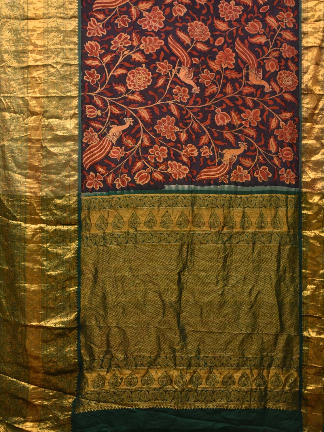Black and Green Kalamkari Hand Painted Kanchipuram Silk Handloom Saree with Floral and Peacocks Design KL0479
