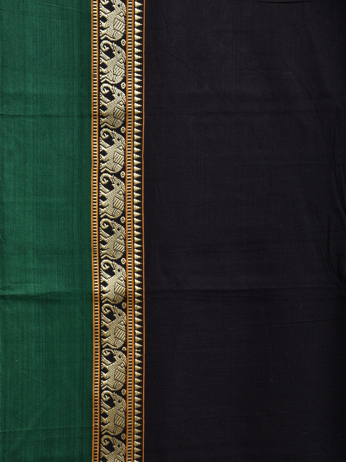 Black and Green Narayanpet Cotton Plain Saree with Strips and Elephant Border Design No Blouse np1095