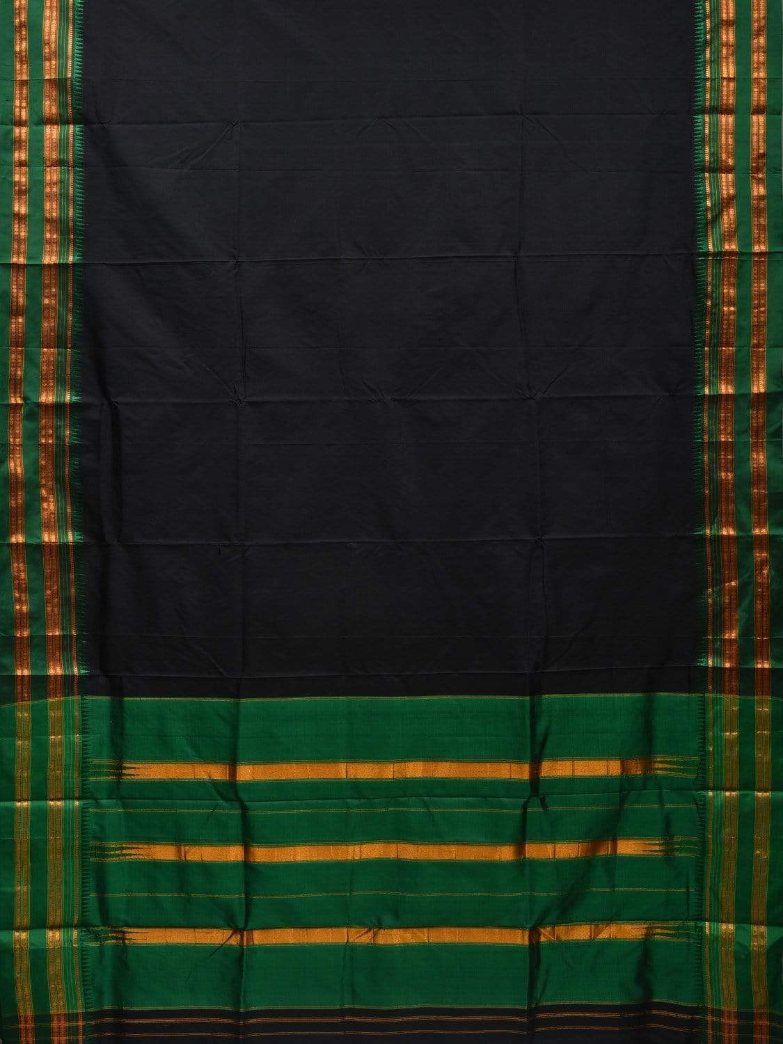 Black and Green Narayanpet Silk Handloom Plain Saree with Traditional Border Design No Blouse np0488